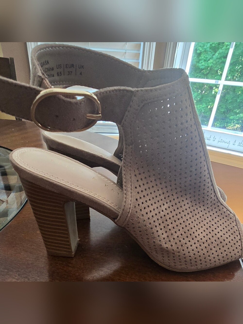 Faux Suede Women’s Taupe Perforated Block Heel Sandals, Sz 6.5